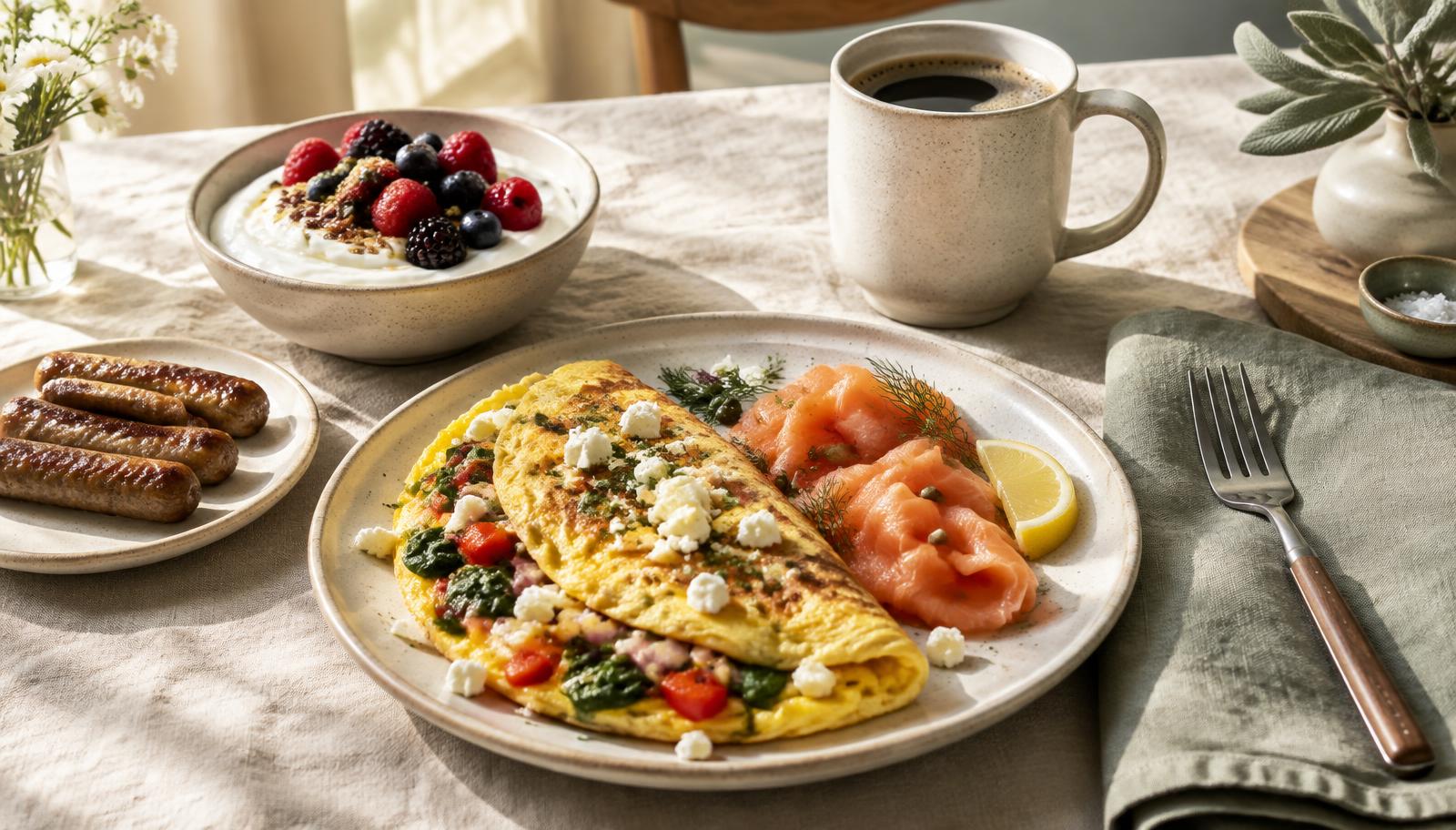 A breakfast table with a vegetable and feta omelet, smoked salmon, sausage links, Greek yogurt with berries and coffee