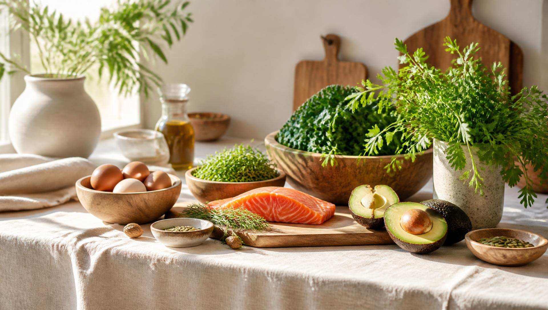 A sunlit kitchen counter with fresh greens, eggs, avocado and salmon
