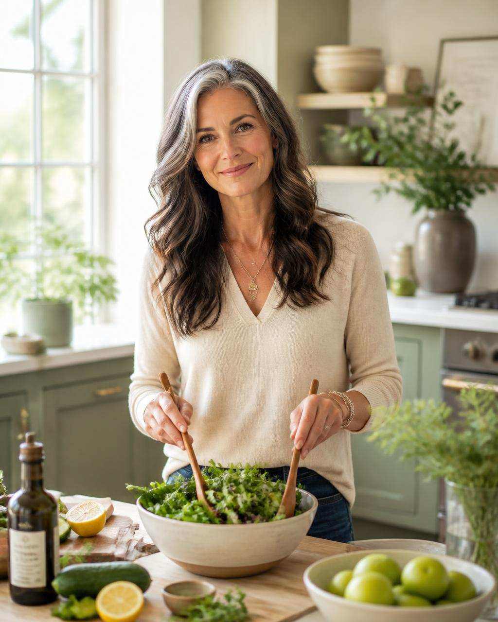 Connie in the kitchen preparing a fresh, simple meal